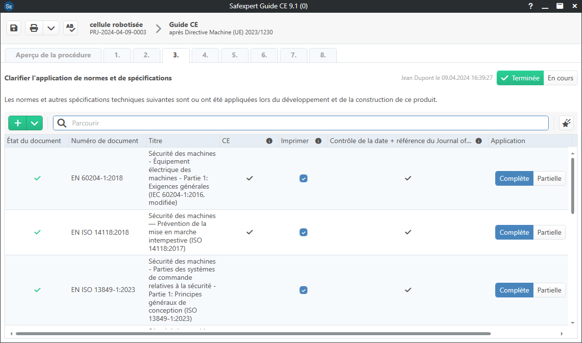 Capture d'écran de Safexpert 9.1 - Guide CE et application des normes