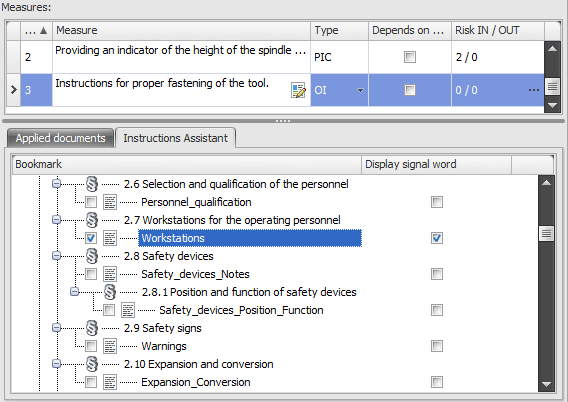 Screenshot of the interface between risk assessment and technical documentation