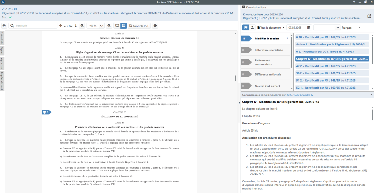 Capture d'écran de Safexpert concernant le nouveau règlement machines