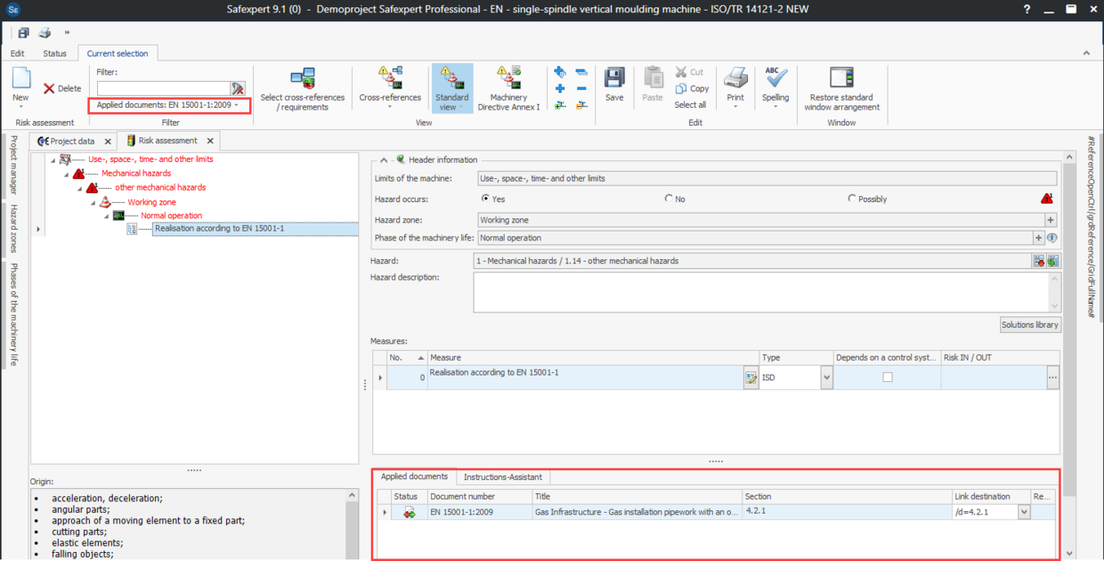 Screenshot from applied documents in a Risk Assessment in Safexpert