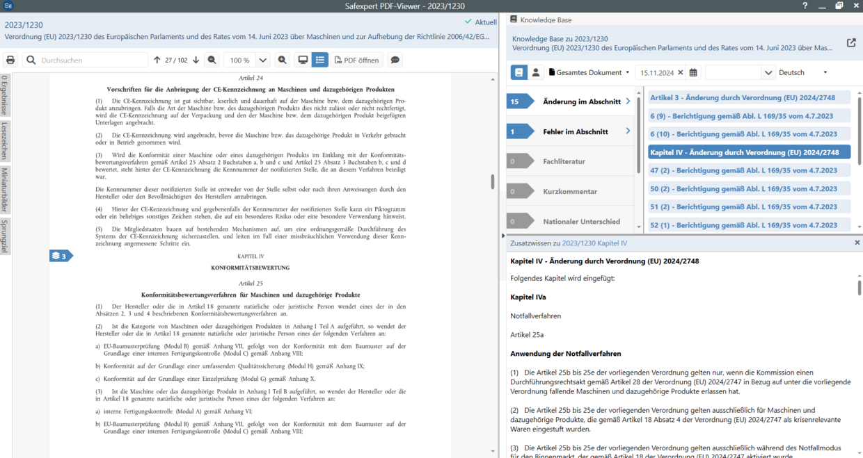 Screenshot aus Safexpert zur Darstellung der Knowledge Base zur Maschinenverordnung
