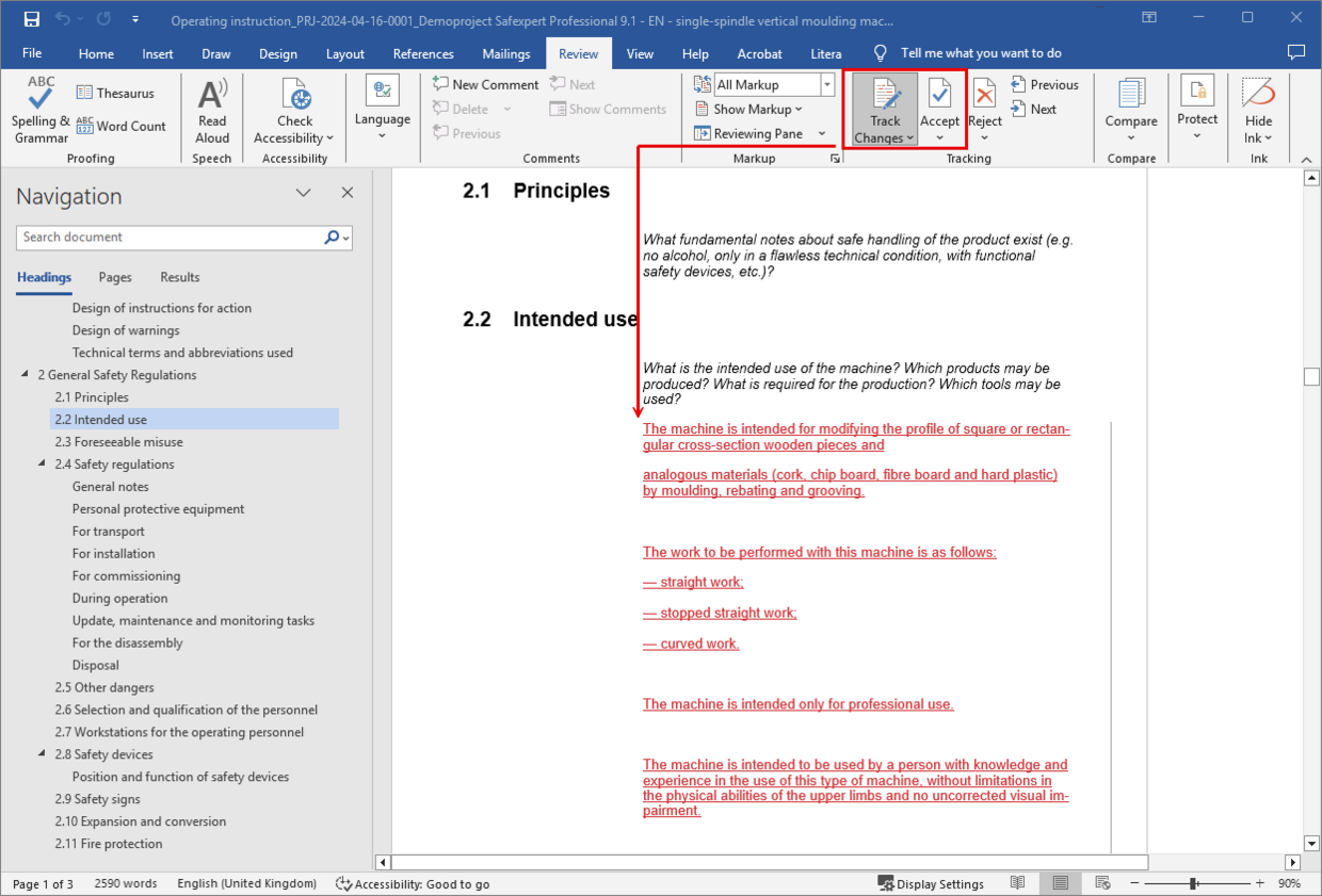 Screenshot from Safexpert to illustrate the word template of the operating instructions