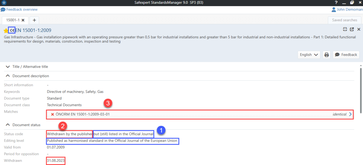 Screenshot from Safexpert to display bibliographic data for EN 15001-1