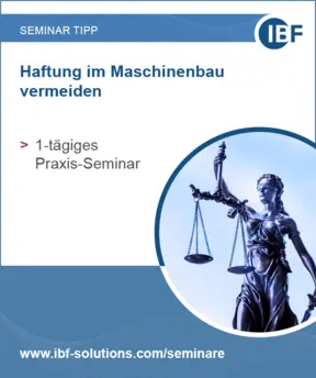 Titelbild des Seminars "Haftung im Maschinenbau vermeiden" mit der Justitia