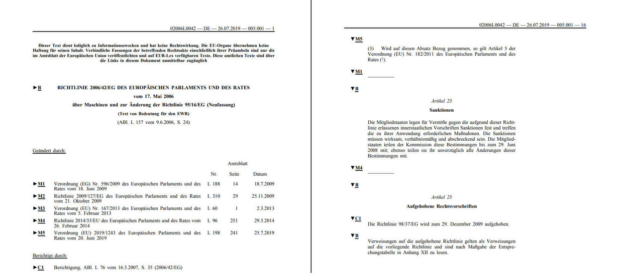 Aufnahme von Deckblatt und Seite 16 der konsolidierten Fassung der Maschinenrichtlinie 2006/42/EG