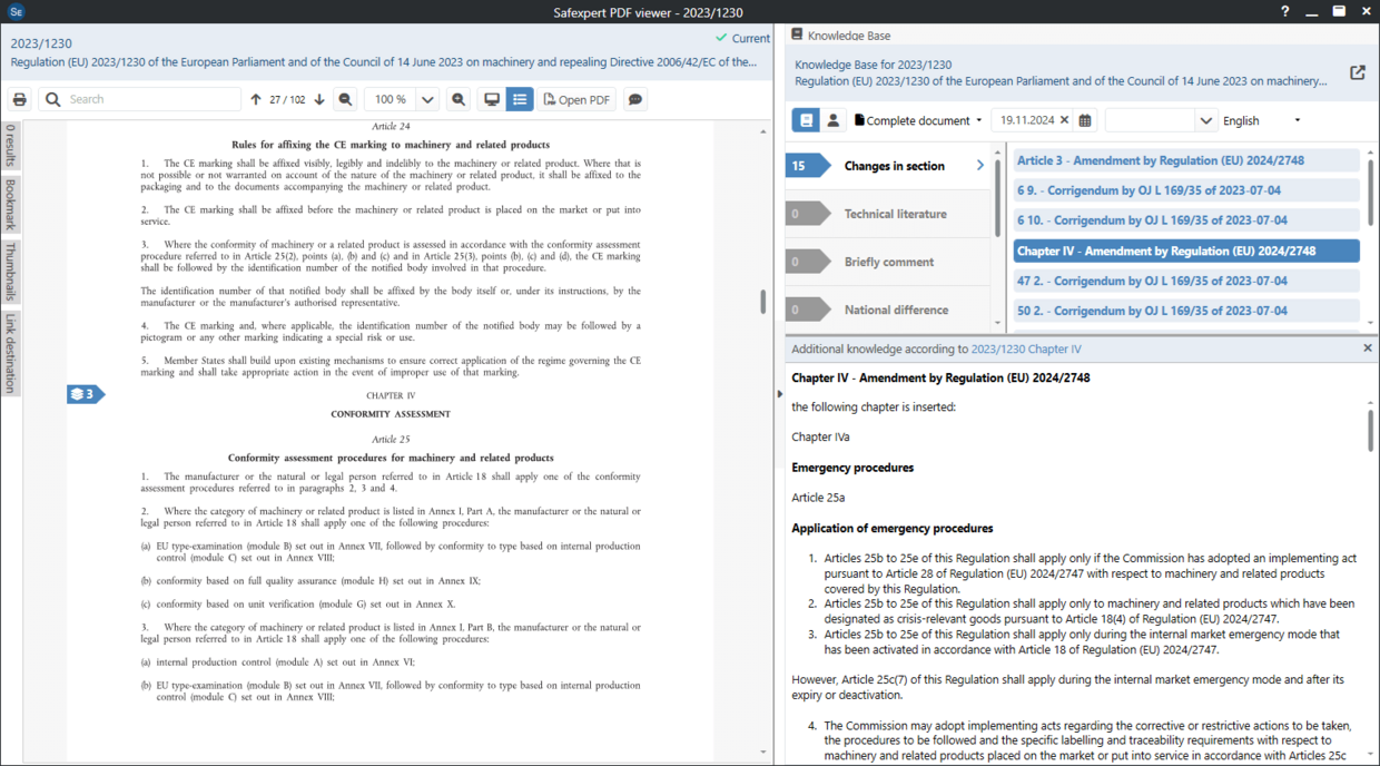 Screenshot of the Machinery Regukation on the Safexpert Knowledge Base