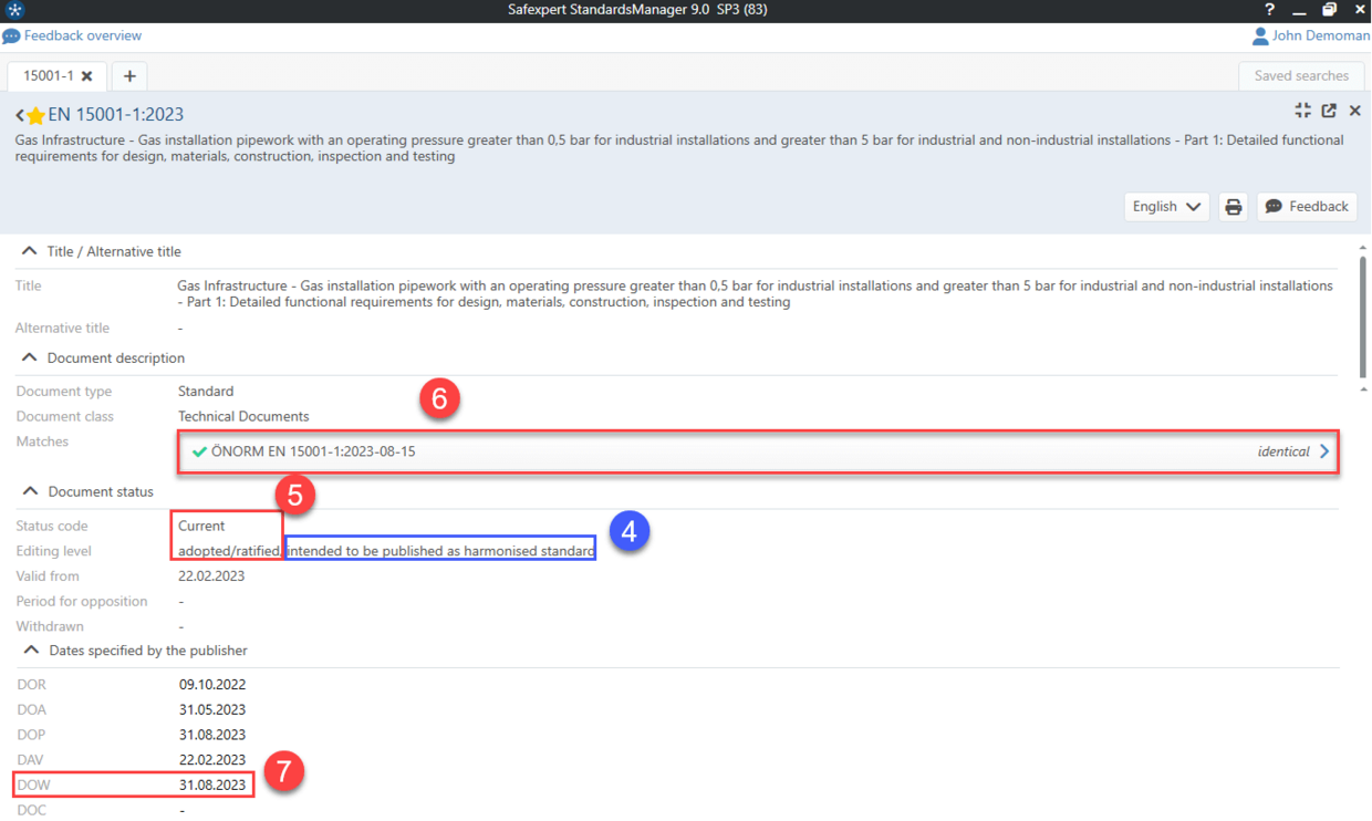 Screenshot from Safexpert of bibliographical data for EN 15001-1